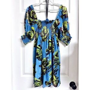 Betsey Johnson Teal Blue Burnout Velvet Floral Sheer Smocked Dress Sz P S-M NWOT